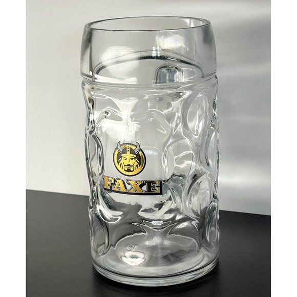 FAXE Beer Jumbo Super Mug Glass 44 oz Viking Denmark Gold Logo Helmet Lager Ale - Picture 8 of 8